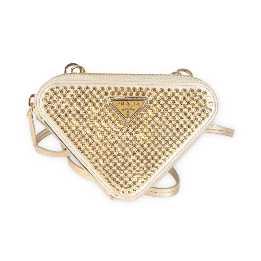 Prada Crystal Triangular Embellished Leather Mini-Pouch Gold